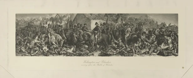 Wellington och Blücher möts efter slaget vid Waterloo, 1815, gravyr av Lumb Stocks (1812-92)